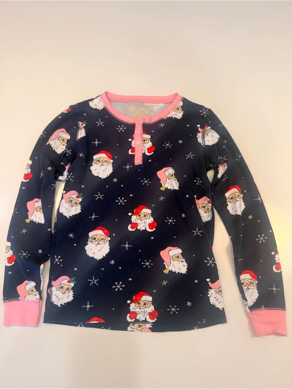 The Beaufort Bonnet Company Navy Santa Print Pajama Set with Pink Trim EUC! - Picture 2 of 6